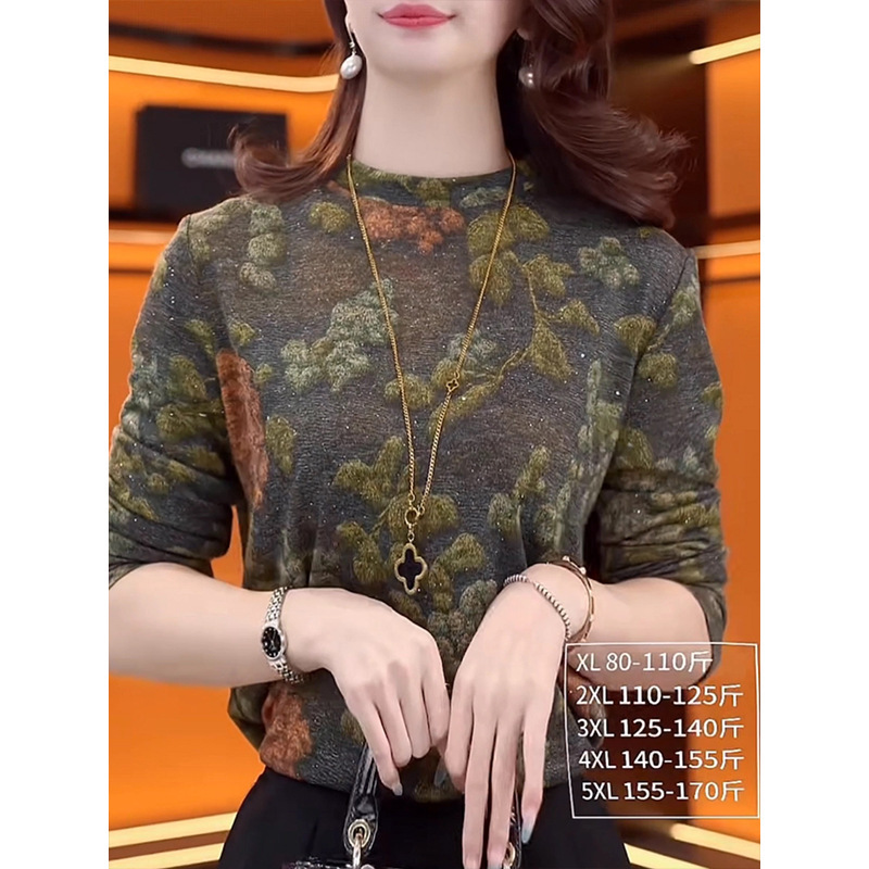 Fashionable Round-Neck Printed Long-Sleeve T-Shirt for Women, Autumn and Winter, Silver-Spattered, Stylish, Tummy-Concealing, Age-Reducing, Elegant, Warm Top for Women