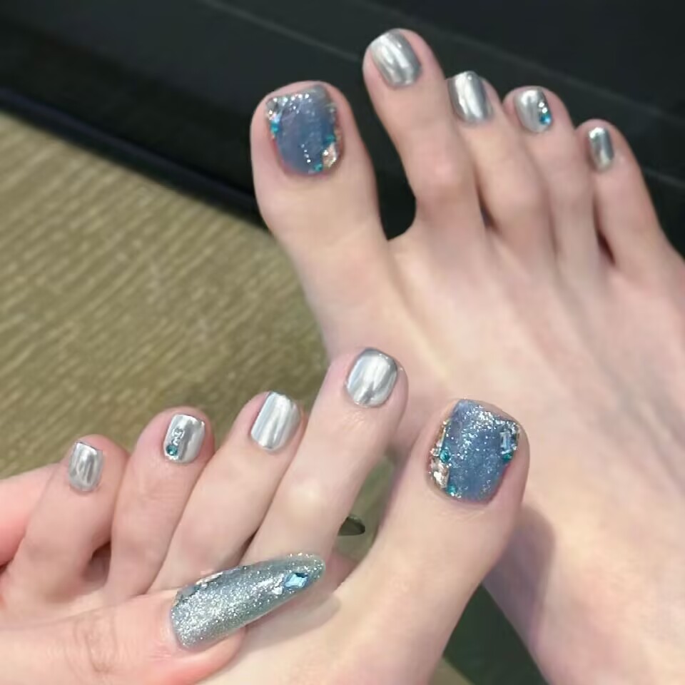 12 piezas de uñas de pies hechas a mano, uñas de uñas de ojos de gato azul hielo, uñas de uñas de uñas de uñas terminadas al por mayor