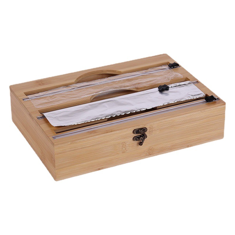Caja de almacenamiento de bambú para cocina, cortador de papel film y papel de aluminio, organizador de clasificación de bambú para cajones, caja de bambú simple