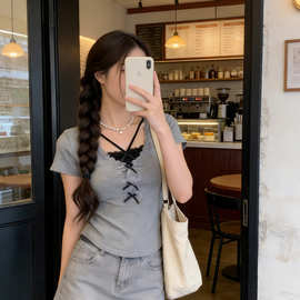 假两件蕾丝拼接蝴蝶结正肩短袖v领T恤女纯欲风修身辣妹显瘦上衣夏