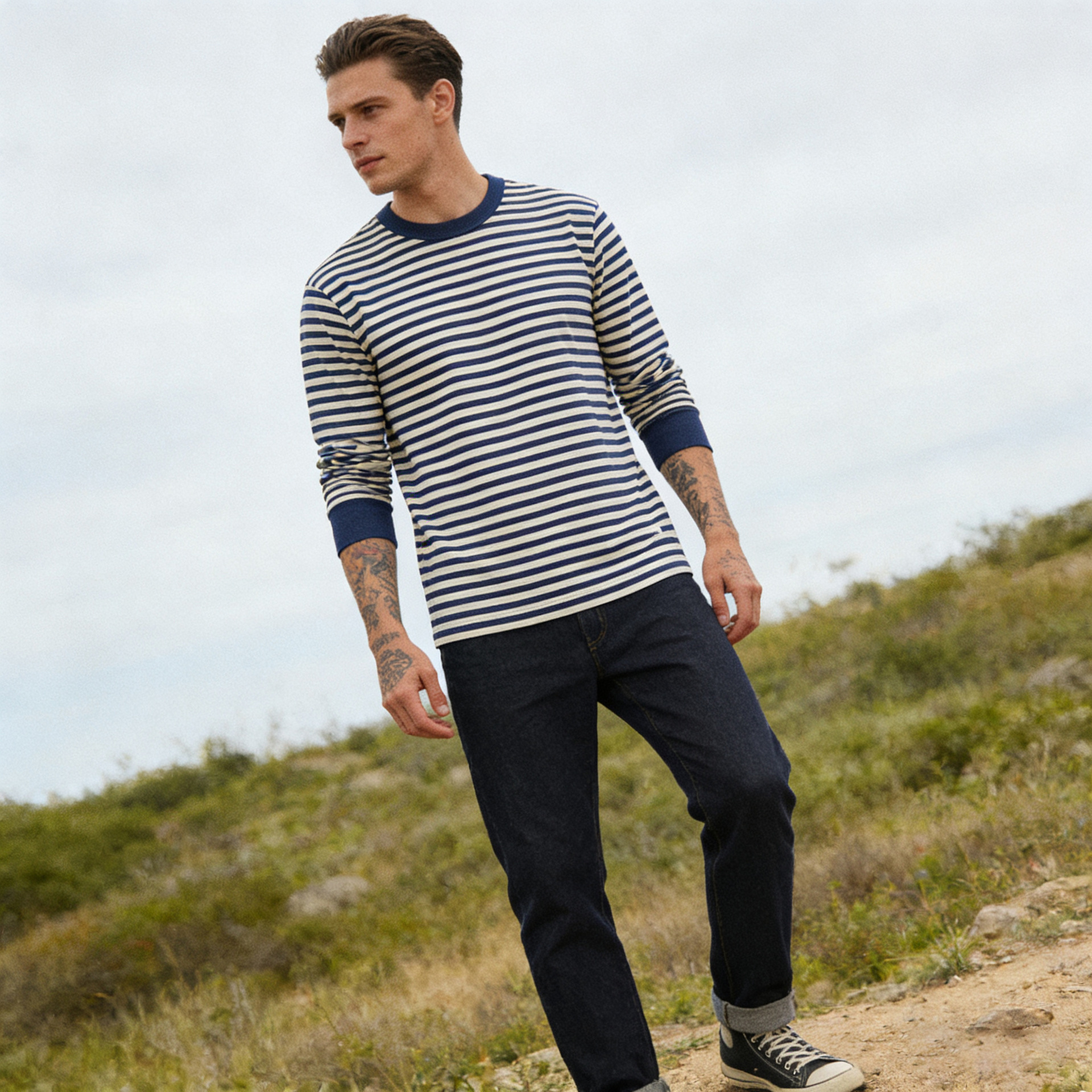 Nuevo OKONKWO 280G de algodón de los hombres pesados delgada a rayas de manga larga Camiseta Sea Spirit camisa ameikaji