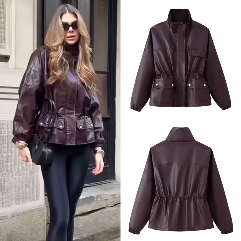 Foreign Trade Cross-Border Spot 2025 European and American Style Women's Autum New Style Waist-Cinching Stand-Up Collar Flap Pocket Pants Short Leather Jacket