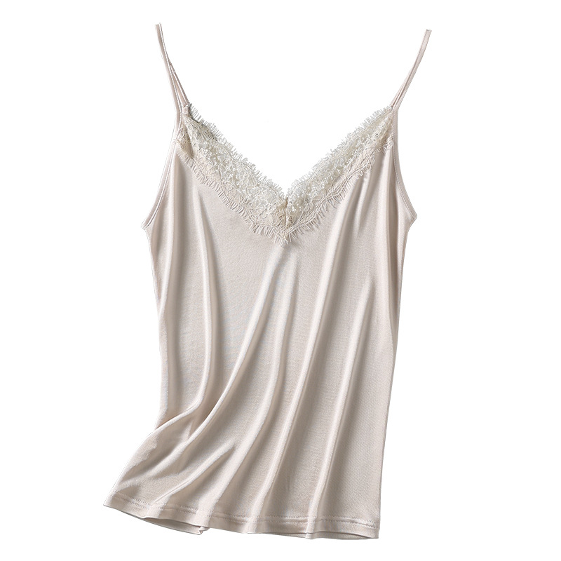 New Silk Knitted Camisole Sexy V Neck Lace Bottoming Shirt Versatile Lined Bottoming Top for Women