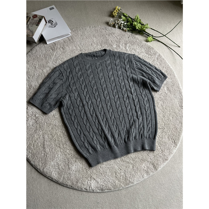 クリーンフィットケーブルニット半袖メンズサマーデザインハイエンドハンサム右肩オールドマネースタイルスリムTシャツ|undefined