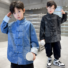 Boys' Hanfu 2024 Spring and Autumn Wear, Chinese Style Denim Jacket, Children's Guozi Dress, Tang Suit Inspired, New Chinese Style Formal Wear