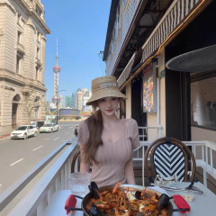 JMSHOPきわめてシンプルvネック縦坑条ニットtシャツ女性デザイン感春夏百合純欲半袖上着