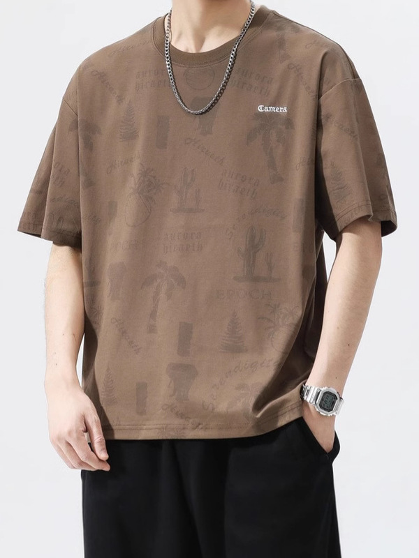 半袖tシャツ男性夏の薄いアメリカのレトロな丸首半袖insトレンドプリントのシャツカジュアルな服|undefined