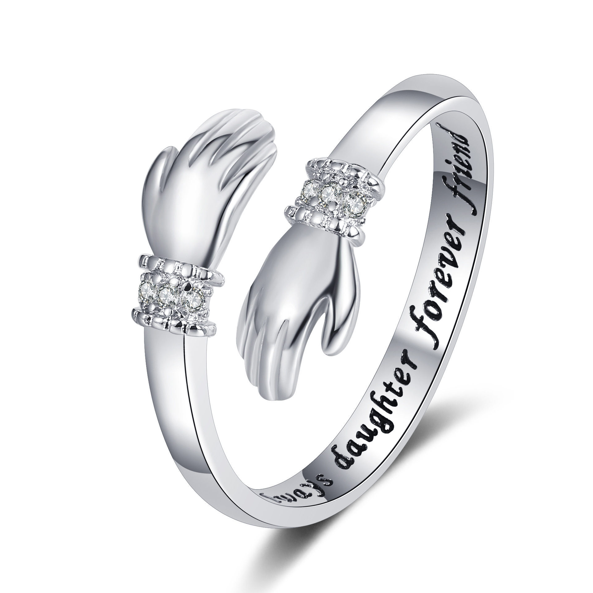 Europeo y americano creativo amor abrazo manos anillo de diamantes letras de las mujeres apertura anillo ajustable regalo de corazón