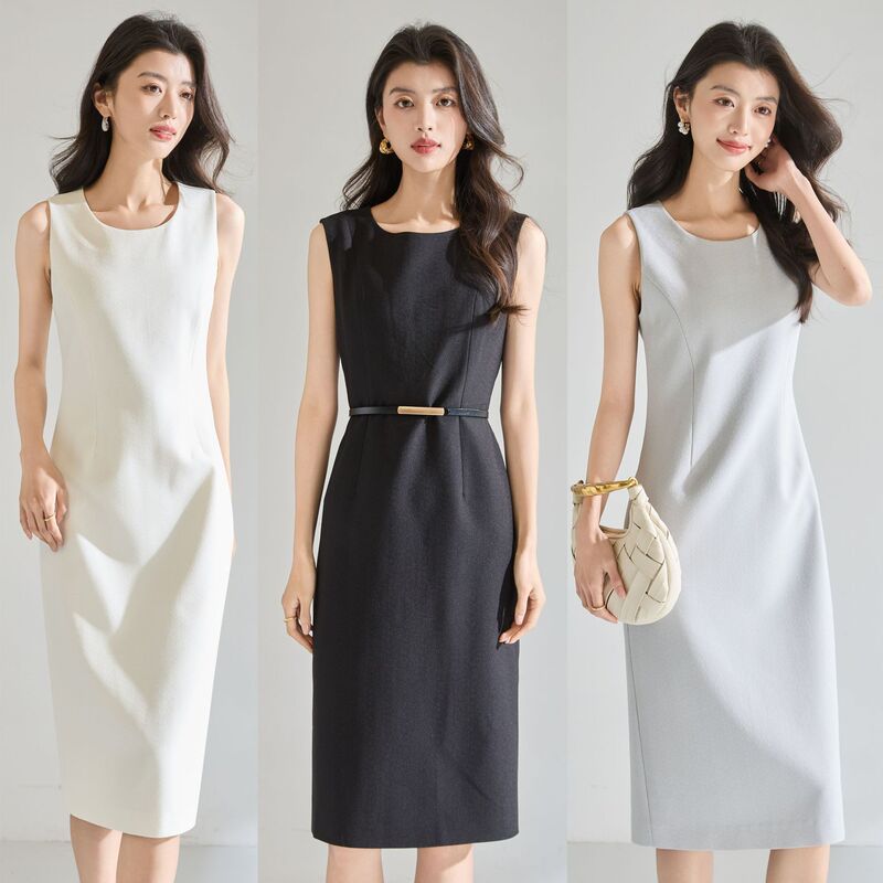 26 Spring/Summer New Style Elegant Suit Dress with a Slimming Effect, Solid Color Sleeveless Mid-Length Dress 22746