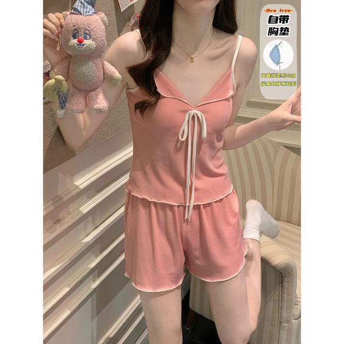 Venta al por mayor transfronteriza con almohadilla fija para el pecho verano nuevo pijama mujer seda de hielo dulce servicio a domicilio estilo princesa traje francés