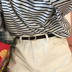 Korean new thin belt PU belt for women light gold oval buckle retro white trouser belt versatile and simple