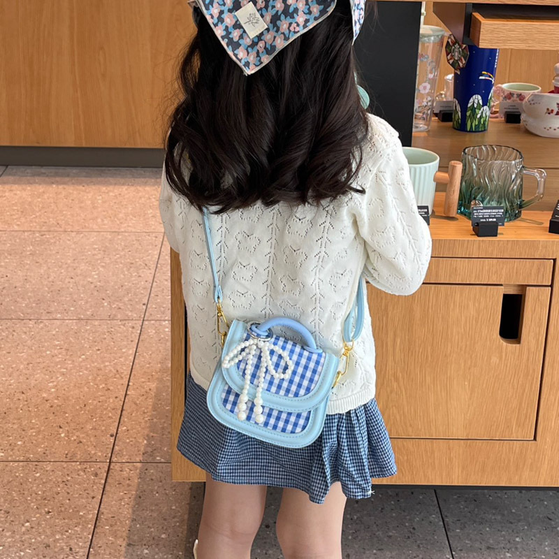 Bolso de hombro de niña a cuadros de moda coreana lindo bolso de bebé con lazo de perla mini bolso para niños de estilo occidental