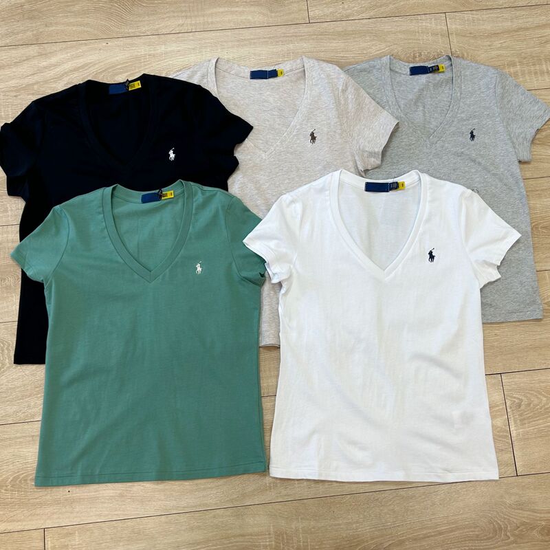 Foreign Trade Single Sweep Single RL Raff Women's Classic Pony Mark V-neck Simple Fashion All-match T-shirt Old Money Style
