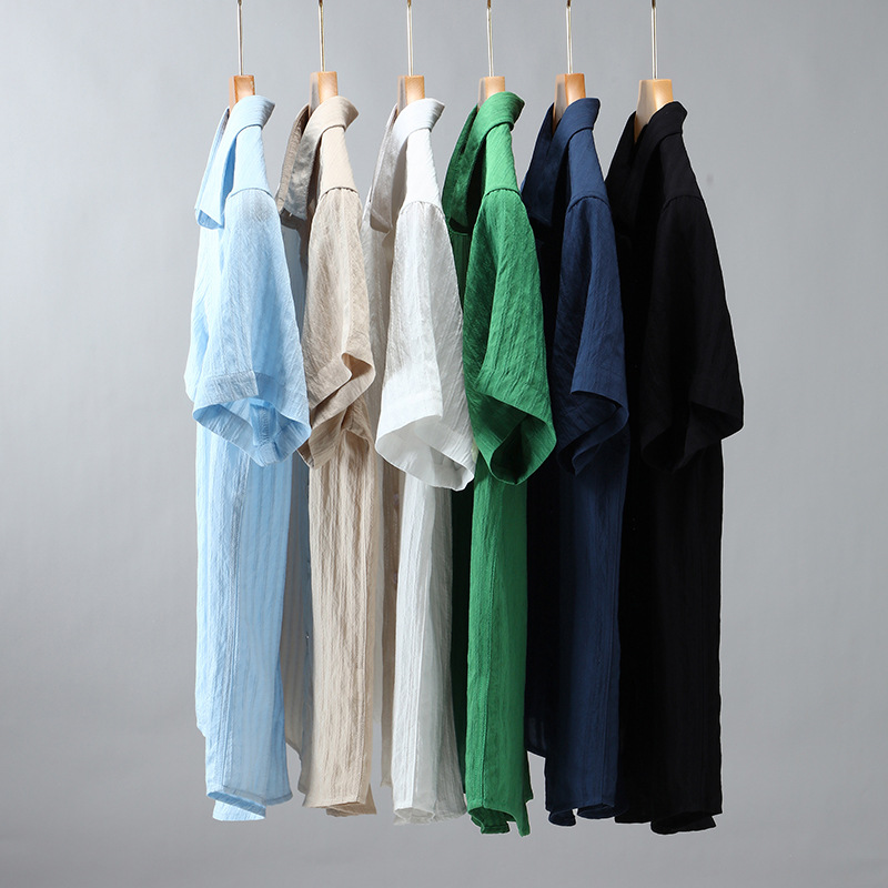 Chemise d'été de couleur unie pour hommes, protection solaire, vêtements d'extérieur, décontracté, polyvalent, ample, en coton, respirant, à manches courtes, chemise en pouces_voghion.com