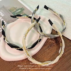 超仙網紗珍珠麻花發箍女2024夏季新款高顱頂頭箍外出壓發頭飾發卡