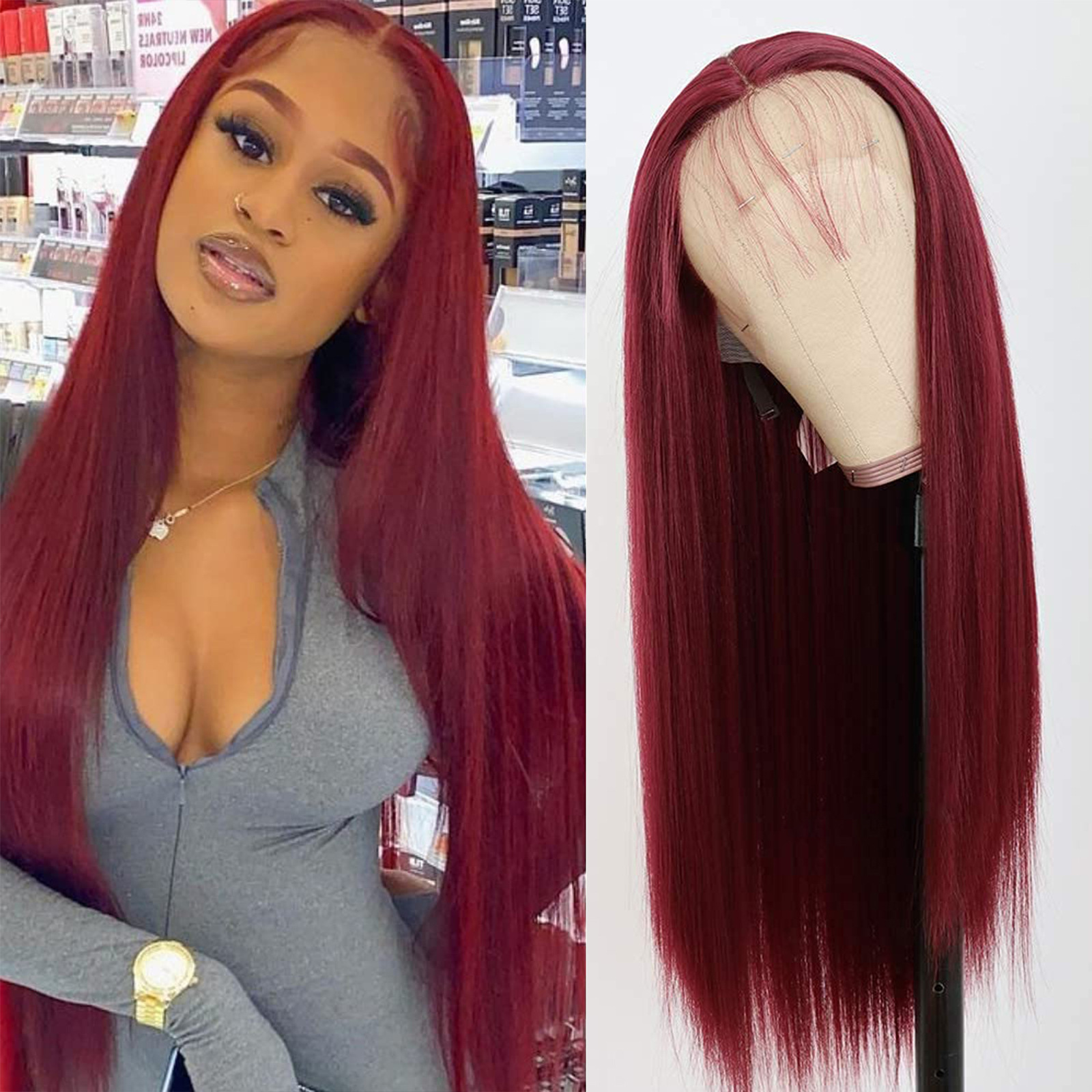 Europeo y americano transfronterizo Amazon peluca 13*4t medio-longitud de encaje frontal marrón largo pelo recto fibra química tocados pelucas de encaje