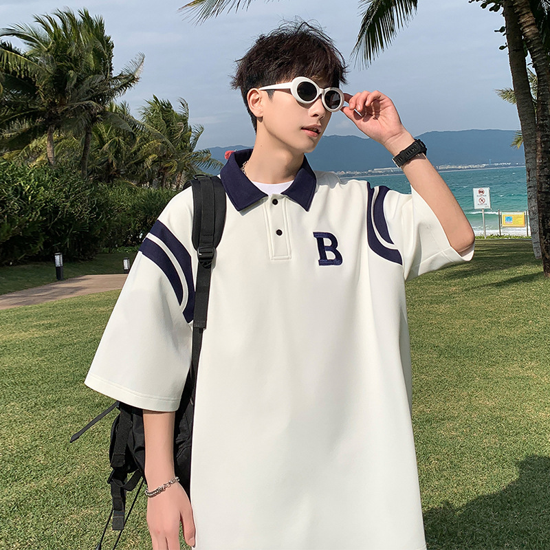 Men's Polo Shirt, Short-sleeved, Summer, Japanese Heavy-duty T-shirt, College Style, Youth, Color-blocking,_voghion.com
