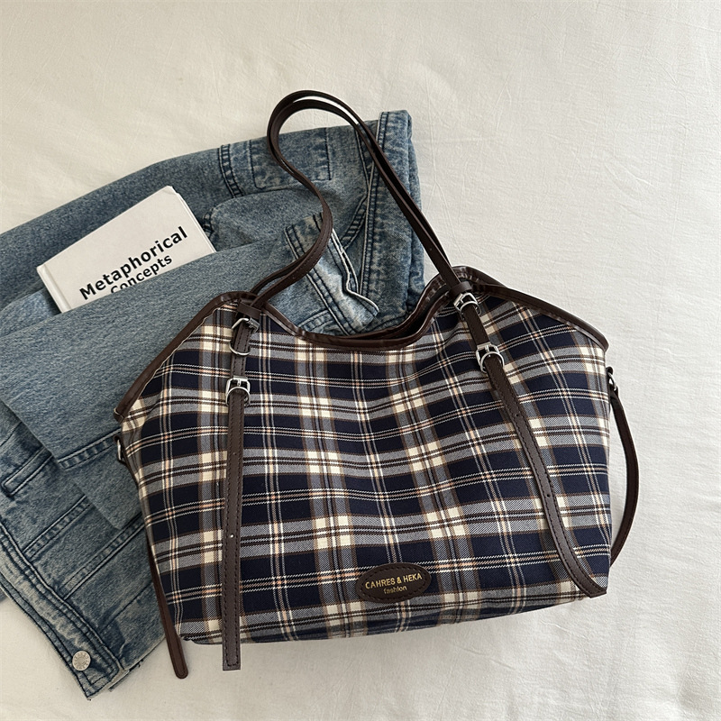 Bolso Tote a cuadros de color en contraste de gran capacidad para mujer 2024 nuevo bolso de hombro de lona casual de moda de viaje de trabajo de otoño