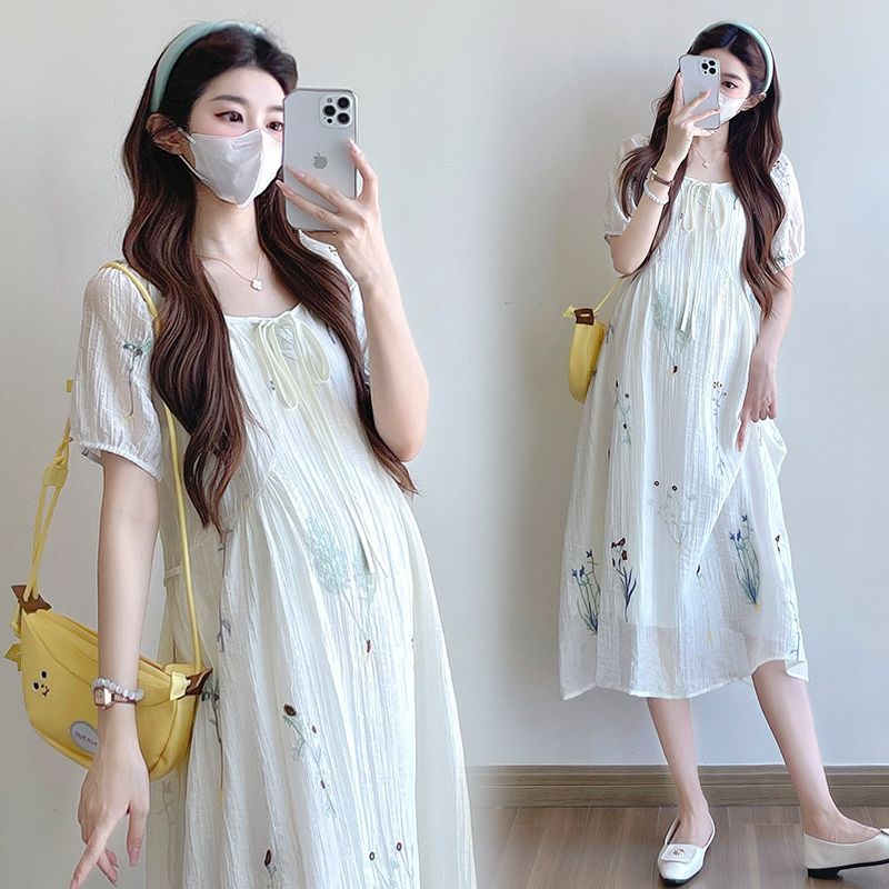 Maternity Wear Summer 2025 New Water Grass Flower Retro Embroider Loose Slimming Look Belly-Covering Waist Mid-Length Dress