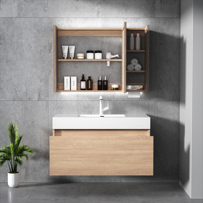 Gabinete de baño inteligente de madera sólida japonesa lavabo sin costuras lavabo lavabo combinación simple lavabo lavabo
