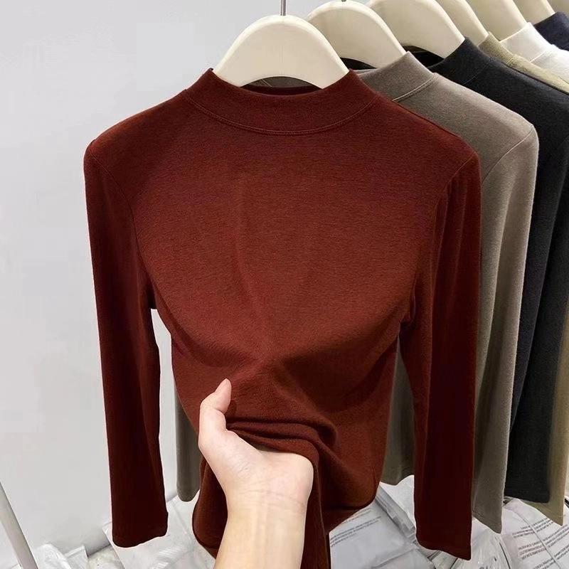 Ankora Red High-Neck Base Layer Women's Inner Layer Early Autumn 2025 New Style Fleece-Lined Thick T-Shirt Top