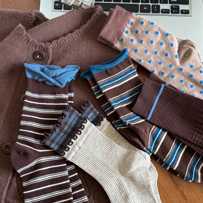 Brown Striped Socks for Women, Pure Cotton, Autumn and Winter 2025 New Popular Style Slouch Socks, Brown for Spring and Autumn, Paired with Small Leather Shoes