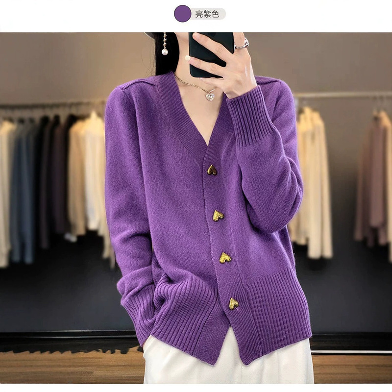 Heart-Shaped Button 2026 Autumn and Winter New Solid Color Simple Knit Sweater Long-Sleeve V-Neck Cardigan Sweater Outerwear Loose Jacket Heart-Shaped Button 2026 Autumn and Winter New Solid Color Simple Knit Sweater Long-Sleeve V-Neck Cardigan Sweater Outerwear Loose Jacket