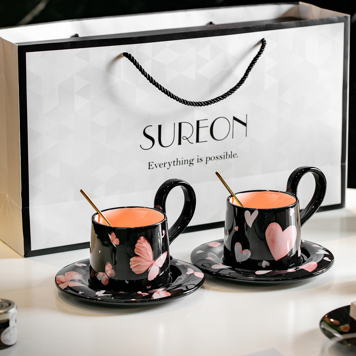 Amor arco taza de café y plato conjunto de caja de regalo para la casa de bodas regalo de regalo de cumpleaños té de la tarde