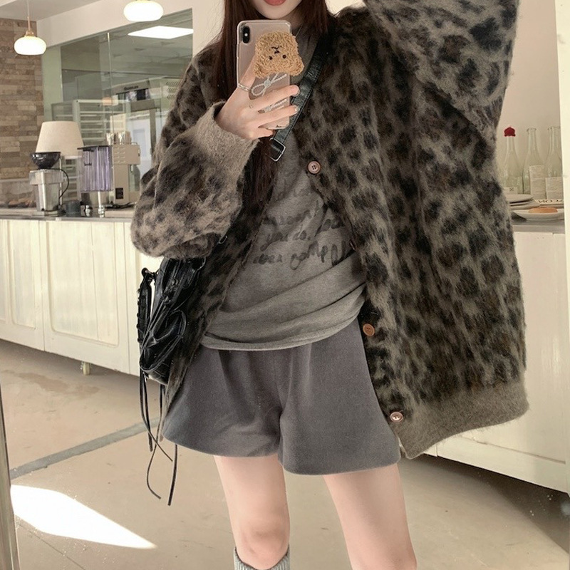 美式复古风宽松豹纹提花毛衣外套女士2025秋冬慵懒风针织开衫上衣|undefined