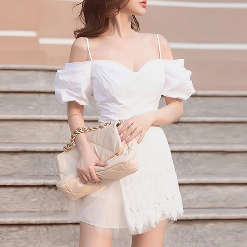 Fashion Set Women's Sexy Off-shoulder Shirt White Super Fairy Lace Skirt Light Mature Style Elegant Two-piece Set