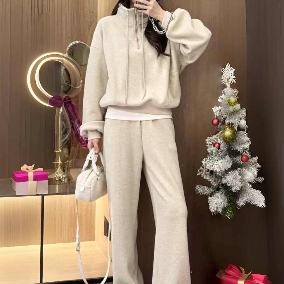 Felpa da donna ActiveGo, stile europeo, autunno inverno, alla moda, casual, pantaloni larghi, foderati in pile, due pezzi sportivi_voghion.com