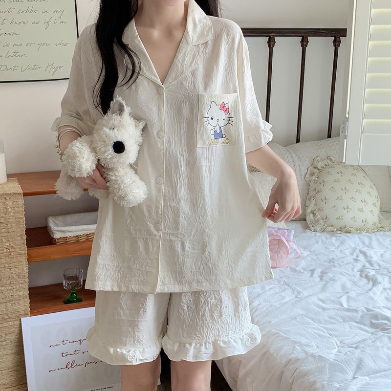 Venta al por mayor transfronteriza nuevo verano nube algodón jacquard pijama mujer solapa KT gato cardigan lindo traje casual de servicio a domicilio
