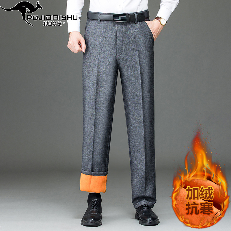 Perki canguro invierno forrado de lana engrosada pantalones de traje caliente de los hombres de mediana edad casual pantalones de traje formal pantalones de mediana edad y ancianos Pantalones