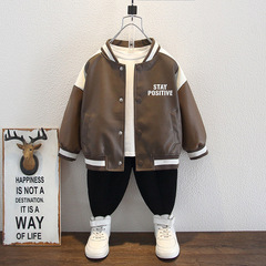 Children's Leather Jacket 2024 New Spring and Autumn Style Cool and Stylish Boy Motorcycle Leather Coat Baby Spring Collection Trendy Color-blocked Outerwear
