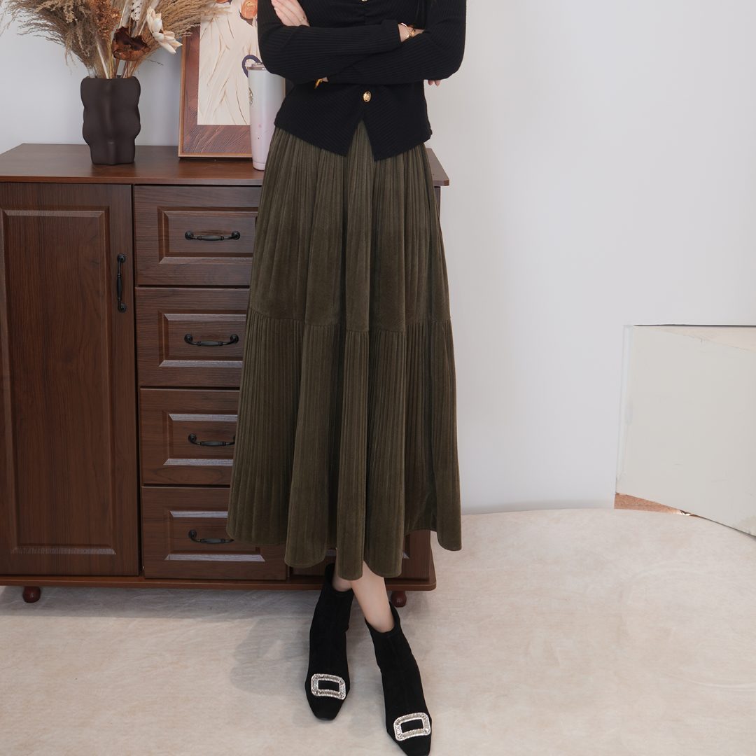가을과 겨울 벨벳 스커트 새로운 도착 스티칭 높은 허리 슬림-적합 중간 길이 스커트 안개가 슬리밍 주름 스커트 대형 스윙 스커트
