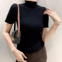 黑色半高领打底衫正肩中袖女2025秋修身高级感中袖内搭上衣