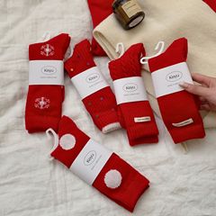 「新年聖誕紅」大紅襪子女中筒襪秋冬季布標大波點麻花堆堆襪長襪