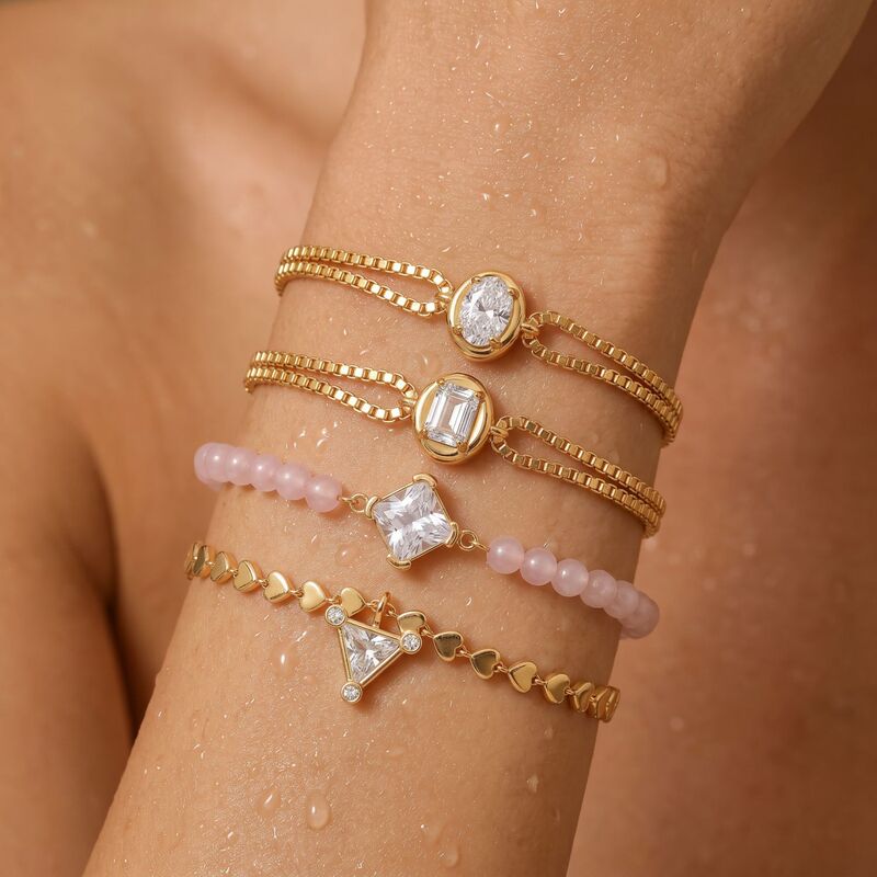 Jiefeng Amazon Luxury Titanium Steel Gold-Plated Women's Bracelet with Heart Chain, Pink Jade Beads, Double-Layer Snake Bone Design, and Multiple Styles