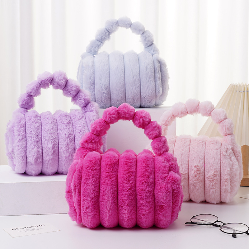Imitation Rabbit Fur Creative Pressed Stripes Plush Cosmetic Bag Cute Girl Expansion Versatile One-Shoulder Cross-Body Portable Travel Bag