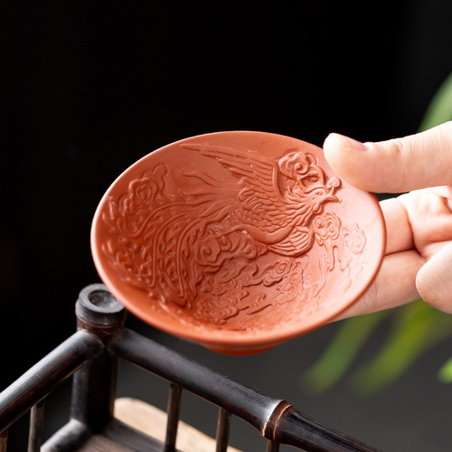 Purple Sand Tea Cup, Red Clay with Auspicious Dragon Design, Master's Cup, Carved Dragon and Phoenix Pair, Teacup, Ceramic Household Large Tea Mug, Douli (Straw Hat) Style Cup