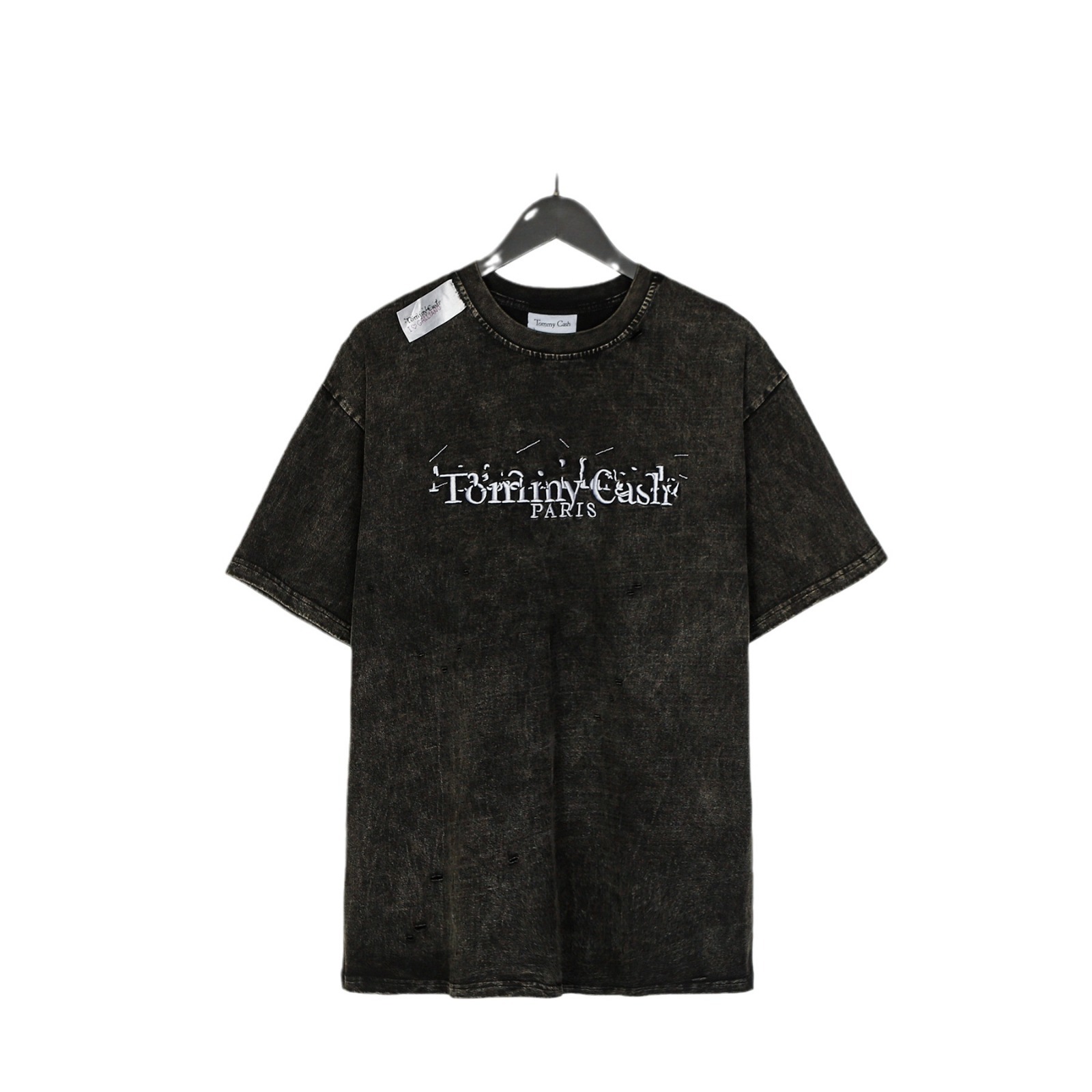 T-shirt a maniche corte con scollo rotondo e ricamo a lettera sul petto, lavata e obsoleta_voghion.com