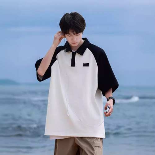 Men's Cuffed Sleeve T-Shirt with Collar, 2024 New Trend Brand Casual Loose Half-Sleeve Turn-up Polo Shirt, Cool and Stylish