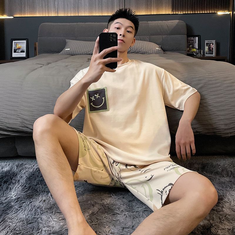 Summer New Men's Pajamas Imitation Cotton Round Neck Short Sleeve Shorts Korean Style Loose Casual Youth Home Clothes suit