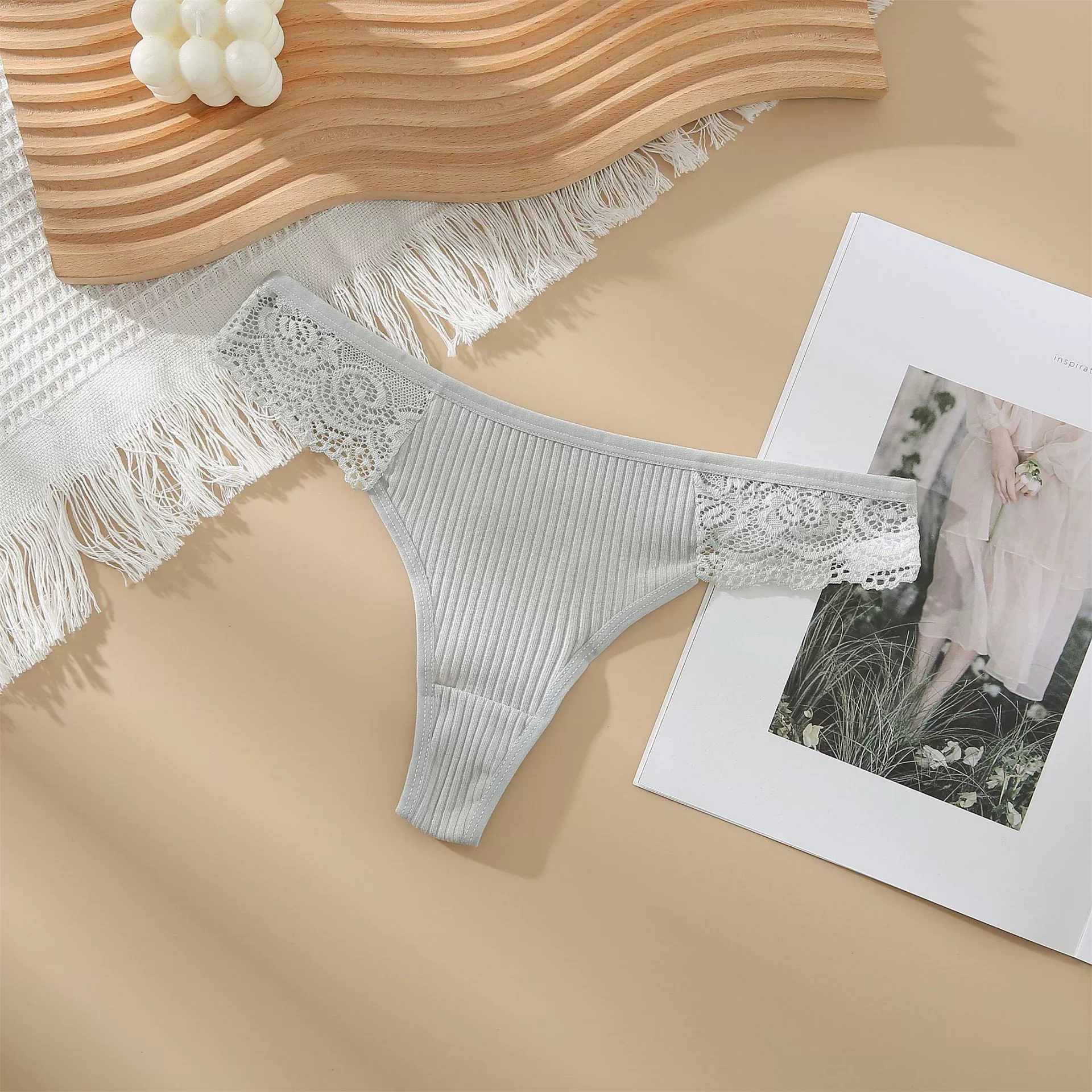 Women's Underwear Cotton Lace Thong, Ribbed Low‑Rise Style, Sizes S–XXL