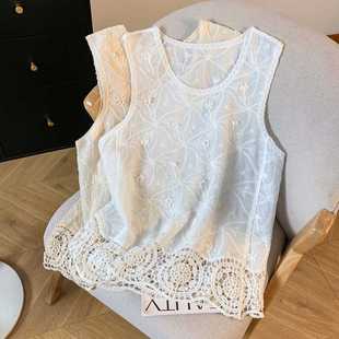Real Shot in Stock 2025 Spring and Summer Artistic Elegant Versatile Round Neck Lace Embroider Bottoming Sleeveless Vest for Women