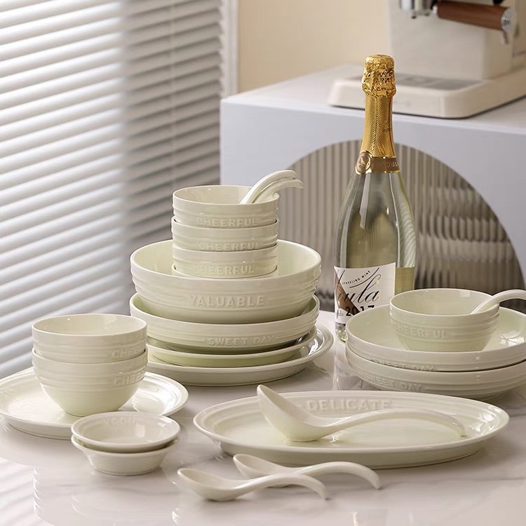 Truffle White Ceramic Tableware Set, Simple Bowl, Spoons, Plates, Moving Gift Box, High-Temperature Resistance, Underglaze Painting