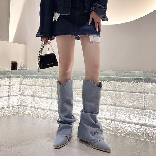 Women's pointed long boots, high-heeled western cowboy boots, retro large size thick sole wide-leg pants boots, tall cavalry boots