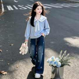 女童韩版甜美学院风海军领卫衣春秋季新款时尚个性牛仔裤两件套装