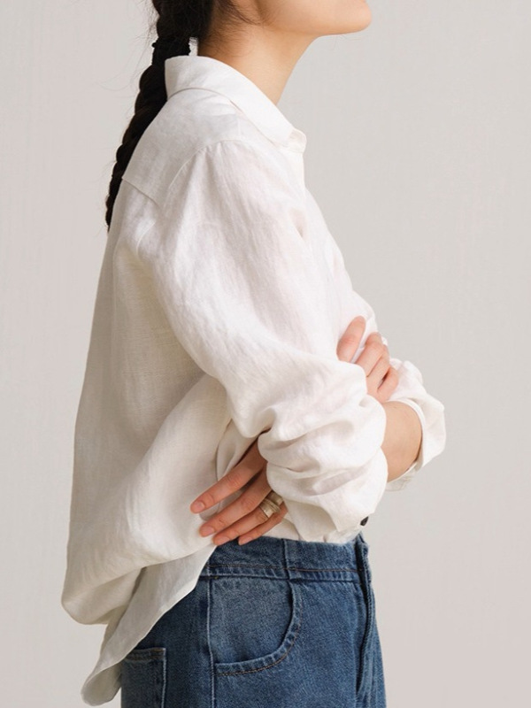 亚麻极简衬衫白色长袖薄衬衣上衣女夏文艺防晒衫|undefined