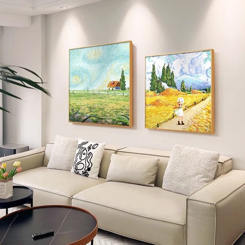 梵高客厅沙发背景墙装饰画方形小清新餐厅挂画田园风主卧床头壁画